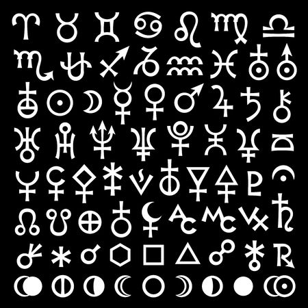 Astrological Signs of Zodiac, Planets, Asteroids, Aspects, Lunar phases, etc. (The big Black Set of Main Astrological Symbols).のイラスト素材