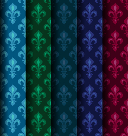 Royal Heraldic Lilies (Fleur de lis) -- Rich colorful wallpaper, fabric textile, seamless pattern, set of 5 versicolored rolls.のイラスト素材