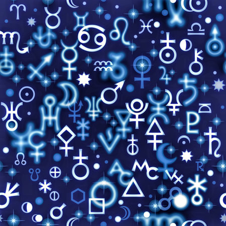 Astrological hieroglyphic signs, Mystic kabbalistic symbols. Twilight background, chaotic seamless pattern.の写真素材