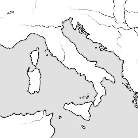Map of The ITALIAN Lands: Italy, Tuscany, Lombardy, Sicily, Liguria, Umbria, Campania, Neapolitania, The Apennines, Italian Peninsula, Adriatic & Tyrrhenian Sea. Geographic chart with large islands.のイラスト素材