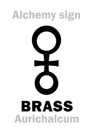 Alchemy Alphabet: BRASS (Orichalcum, Auricalcum; Aes), composition metal, yellow alloy of Copper and Zinc: Chemical formula=[Cu+Zn].のイラスト素材