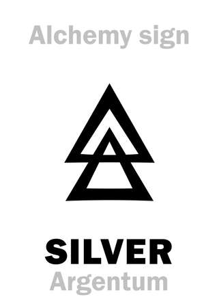 Alchemy Alphabet: SILVER (Argentum, Luna; Artemis) â metal of the moon, precious/noble/value metal, eq.: Argyros, Silver, Silber, Silubr, Sirebro. Chemical formula=[Ag]. Alchemical symbol, 1726.のイラスト素材