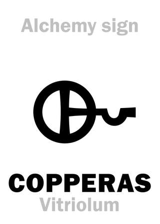 Alchemy Alphabet: COPPERAS (Couperose) / VITRIOL (Vitriolum < vitrum "transparent as glass"), e.g.: Green vitriol and Blue vitriol. Crystalline hydrate of Sulfate: Chemical formula=[MeSOââ¢nHâO].のイラスト素材
