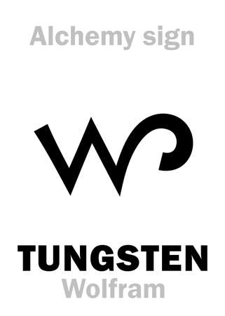 Alchemy Alphabet: TUNGSTEN (Wolframium), Wolfram (german: Wolf rahm "wolf foam", Latin: Lupi spuma, Lapis ponderosus "heavy stone"), also: Volfram. Chemical formula=[W]. Alchemical sign.のイラスト素材