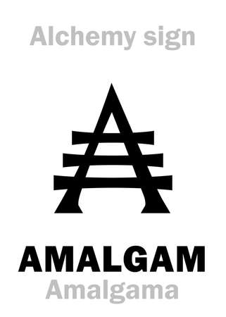 Alchemy Alphabet: AMALGAM (mdv.Latin: Amalgama Â«alloyÂ») â alloy / fusion of mercury with another metal. Mercuride: Chemical formula=[Hg+Me]. Alchemical sign, Medieval symbol.のイラスト素材