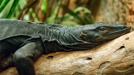 The the black asian water monitor is lying on a tree in a zoo in Thailand.の写真素材