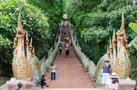 CHIANGMAI, THAILAND - MAY 19, 2015: giant serpent stairs on either side of the long term in a temple in northern Thailand.のeditorial素材