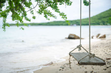 The seat is made of wood tied to a tree on the beach.の写真素材