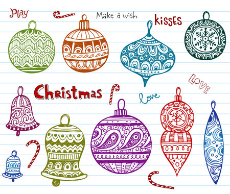 Set of Christmas doodle ornate balls, vector illustrationのイラスト素材