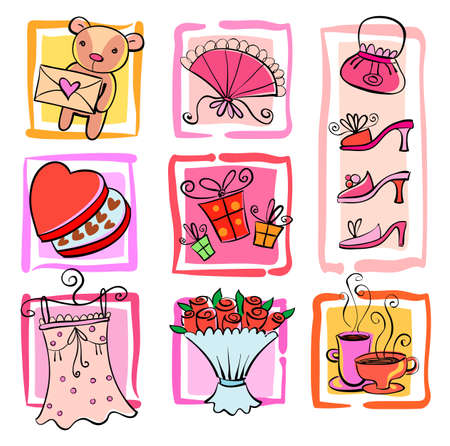 Different nice things for the girl, vector icons, hand drawn style.のイラスト素材