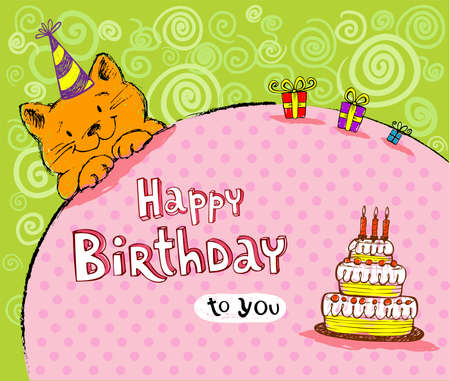 Birthday greeting card with red catのイラスト素材
