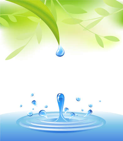 Crystal-clear drop of water, flowing down a green leafのイラスト素材