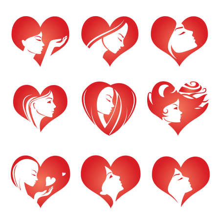 Girls silhouette in hearts, vector iconsのイラスト素材