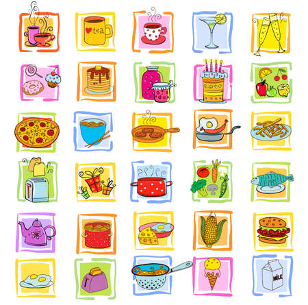 Doodle food set of various products, fruits, vegetables and much more.のイラスト素材
