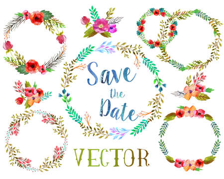 Vector watercolor wreathes with leaves and flowers, possible to for wedding invitation.のイラスト素材