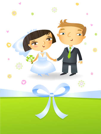 Wedding invitation with bride and groom in cartoon styleのイラスト素材