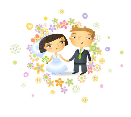 Bride and groom in cute cartoon style, possible to use as Wedding invitation.のイラスト素材
