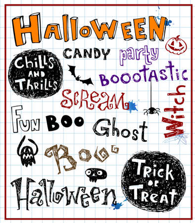 Various inscriptions for a holiday the Halloween in style of sketchesのイラスト素材