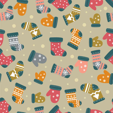 Seamless Christmas pattern pattern with lovely socks and mittensのイラスト素材
