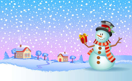 Christmas vector illustration - Snowman with giftのイラスト素材