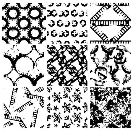 Grunge seamless backgrounds, nine black-and-white detailed patternsのイラスト素材