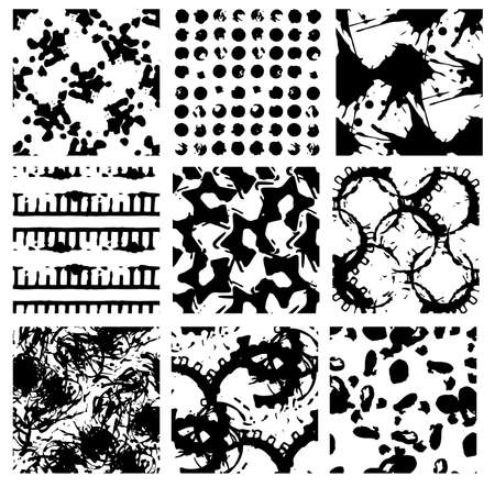 Grunge seamless backgrounds, nine black-and-white detailed patternsのイラスト素材