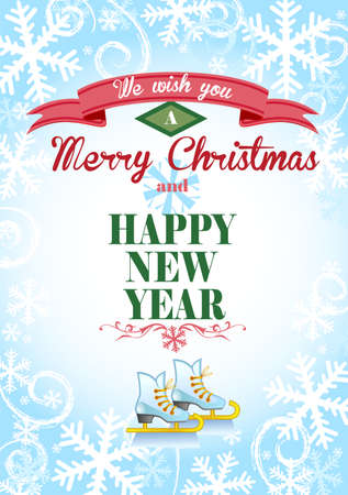 Cute Christmas greeting card with an ice background and the skates for banners and decorations.のイラスト素材