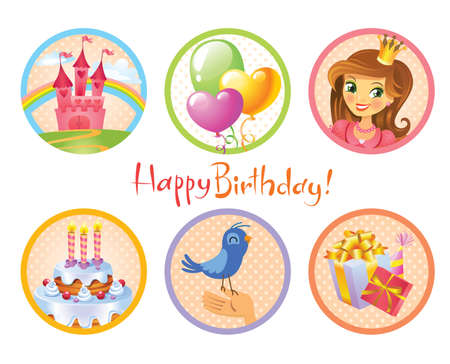 Cute birthday stickers  for a party in style of the fairy tale castle of the princessのイラスト素材