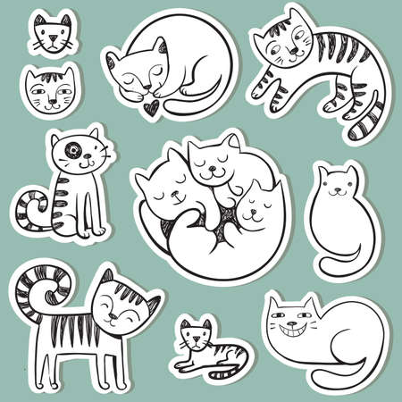 Stickers with cute doodle cats with different emotions.のイラスト素材