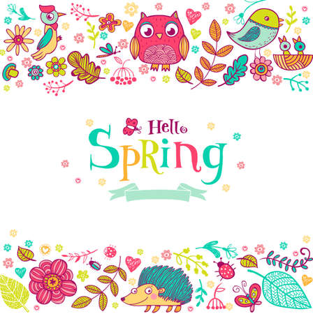 Hello Spring banner in doodle style, hand-drawn animals and insects, flowers and plantsのイラスト素材