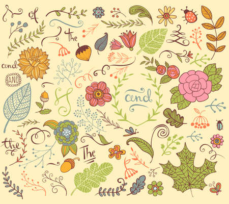Vector floral design  elements in doodle style, hand-drawn flowers and insects and plantsのイラスト素材