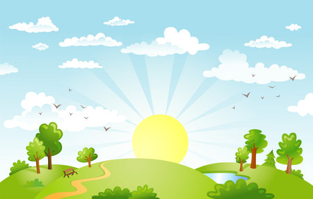 The green fields, the sun on the horizonのイラスト素材