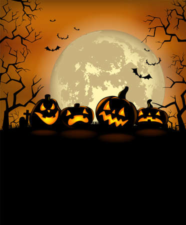Halloween background with scary pumpkins and a full moonのイラスト素材