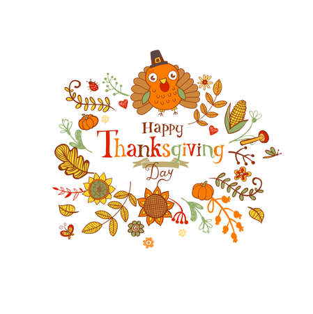 Thanksgiving poster or greeting card with holiday traditional symbols.のイラスト素材