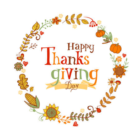 Thanksgiving festive frame or greeting card with holiday traditional symbols.のイラスト素材