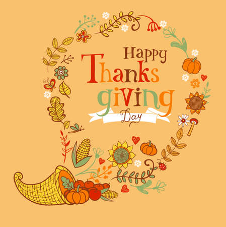 Thanksgiving poster or greeting card with holiday traditional symbols.のイラスト素材