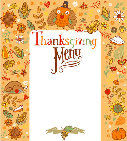 Thanksgiving menu card with holiday traditional symbols.のイラスト素材