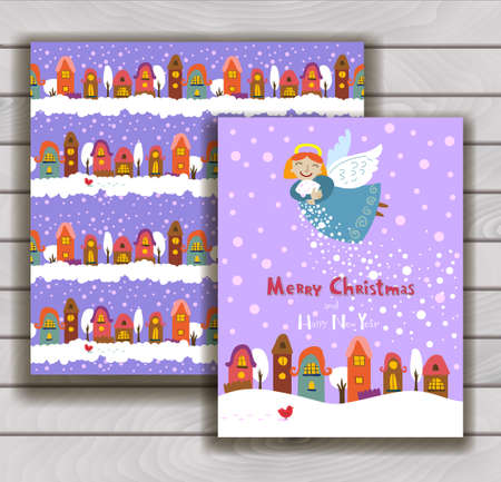 Elegant Christmas card with an envelope - Christmas angel scatters snow over the cityのイラスト素材