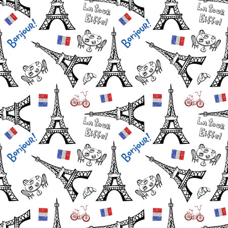 Seamless background with symbols of Paris - Eiffel Tower and otherのイラスト素材