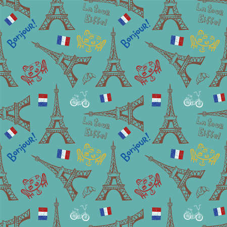 Seamless background with symbols of Paris - Eiffel Tower and otherのイラスト素材