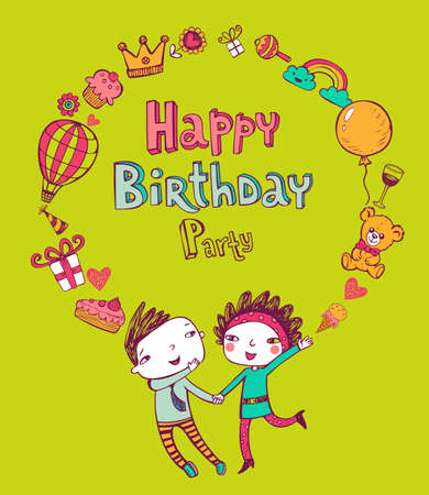 Birthday greeting card with happy couple, colorful illustrations in doodle styleのイラスト素材