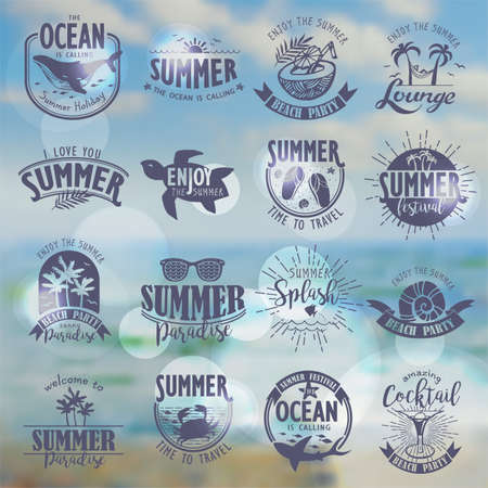 Summer Typography Design Collection - A set of sixteen vintage style Summer Designs on sea landscape backgroundのイラスト素材