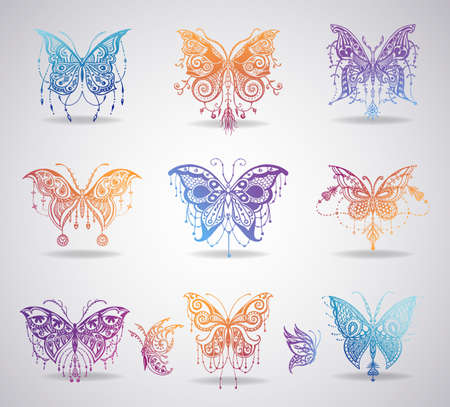 Illustrations of elegant detailed tatto style butterfliesのイラスト素材