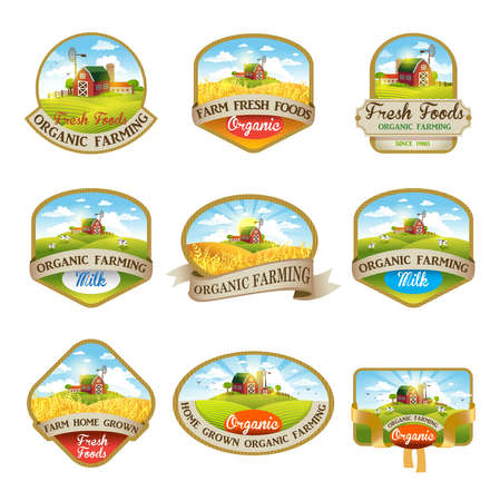 Cillection of labels with the image of a farm, fields and pastures. The good choice for Logo, emblem, lable, stickerのイラスト素材