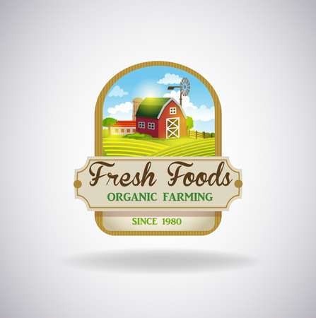 Vector format label with the image of a farm, fields and pastures. The good choice for Logo, emblem, lable, stickerのイラスト素材