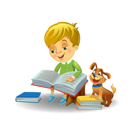 Boy reading book with cute little dog beside, vector illustrationのイラスト素材
