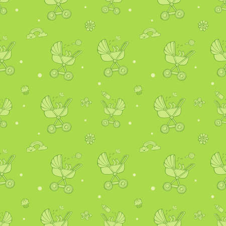 Seamless monochrome pattern with cute baby carriages on green background. The good choice for childrens accessories, fabric and other. Vector illustrationのイラスト素材