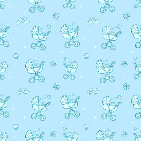 Seamless monochrome pattern with cute baby carriages on blue background. The good choice for childrens accessories, fabric and other. Vector illustrationのイラスト素材