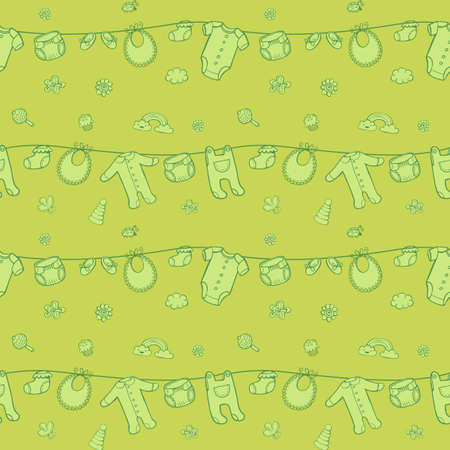 Seamless monochrome pattern with cute baby clothes on green background. The good choice for childrens accessories, fabric and other. Vector illustrationのイラスト素材