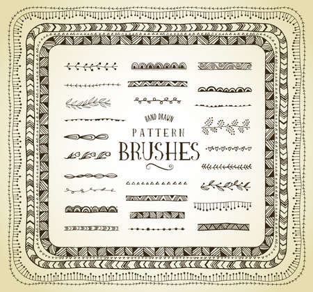 Set of vector handrawn Pattern brushes to create floral and ethnic borders. frames, borders and other elements of design. Used pattern brushes are included in brush palette.のイラスト素材